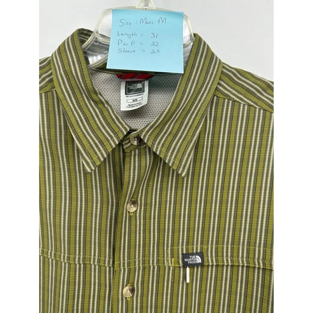The North Face Mens Medium Olive Green Striped Long Sleeve Hiking Button Down‎
